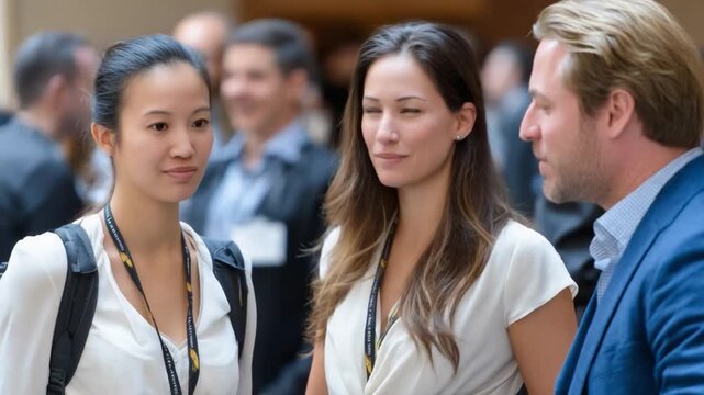 Business Interaction: Capturing an intimate moment of professionals engaging in conversation at a networking event. An atmosphere of collaboration and discussion.