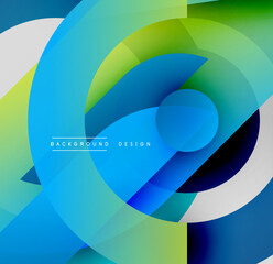 Abstract colorful circles overlap creating dynamic visual effect. Smooth gradients blend blues, greens, whites. Modern design element.
