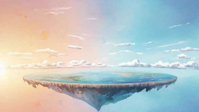 flat earth floating in serene sky with clouds