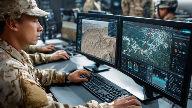 Soldier at Command: A soldier in uniform meticulously monitors two computer screens displaying vital geographical and strategic information in a high-tech control room.