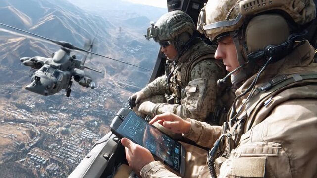 Military Professionals in Action: Inside a military helicopter, two focused soldiers monitor a tablet and survey the strategic landscape below, exemplifying professionalism and mission readiness.