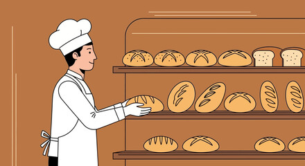 Baker Placing Freshly Baked Loaf Of Bread Into The Display, Illustration Of Bakery
