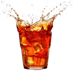 Ice tea with splash and cubes, isolated on white and transparent background.