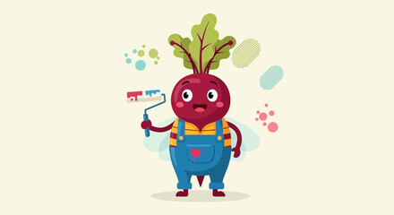 Cheerful Beetroot Character Painting with Paint Roller, Smiling and Ready for Action