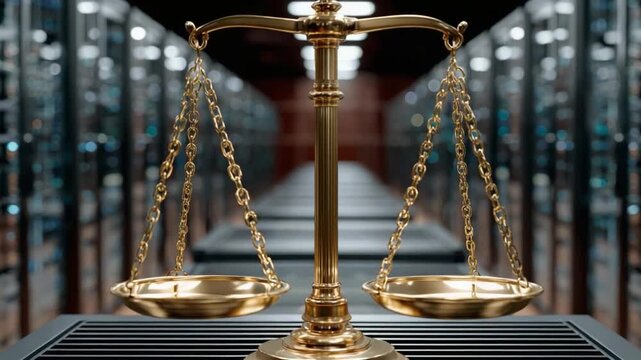 Balance of Justice: A detailed, up-close capture of a vintage golden balance scale, set against the backdrop of a server room, symbolizing justice, fairness, and the critical balance of information. 