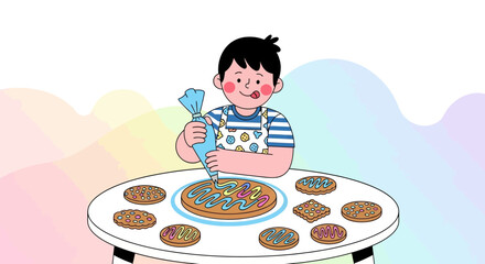 Cheerful Boy Creating Delicious and Colorful Cookies with Icing and Artistic Decor