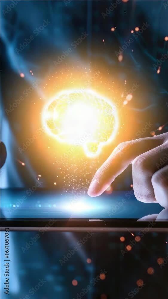 Poster hand interacting with futuristic technology to enhance cognition and intelligence.