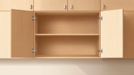 Empty wooden kitchen cabinet with two open doors
