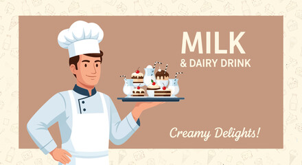 Cheerful Chef Presenting Sweet Dairy Beverages and Creamy Desserts in Artistic Illustration