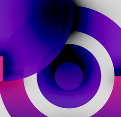 Abstract composition. Overlapping circles, gradients create depth. Purple, white, black hues dominate design. Modern aesthetic.
