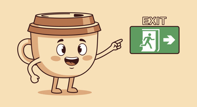 Cheerful Coffee Container Points Towards an Exit Sign For Urgent Departure