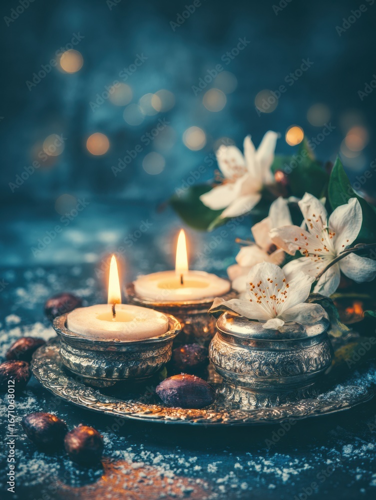 Poster candles and flowers create a tranquil atmosphere on a decorative tray in a serene setting during the