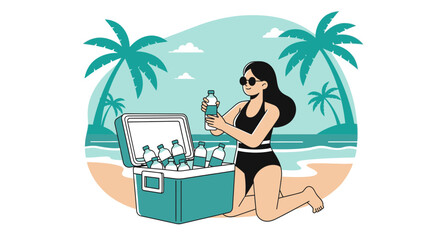 Fototapeta premium Beach Day Refreshment: Woman Selecting Cold Water Bottle from a Cooler on a Tropical Shore