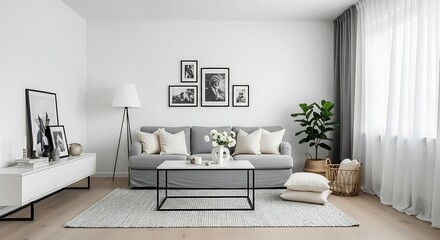 Modern Scandinavian living room interior with grey sofa, gallery wall, and minimalist decor.