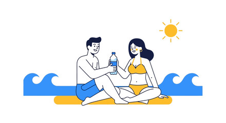 Beachside Couple Sharing Refreshments On A Sunny Day Enjoying Summer Activities