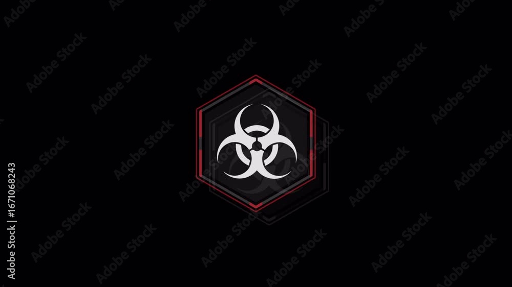 Poster dynamic biohazard warning symbol animation: hexagonal icon with red outline on dark background