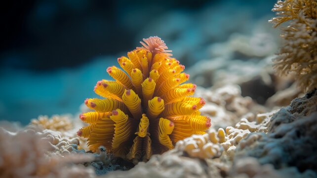 Closeup of a yellow christmas tree worm on coral reef seabed