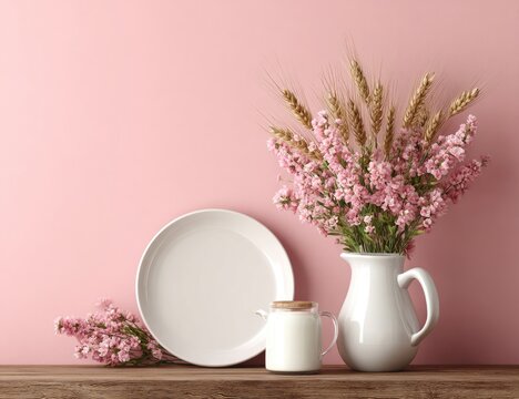 Pink floral still life with white dishes
