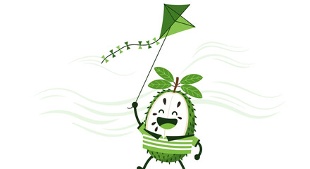 Cheerful Green Fruit Character Enjoying A Sunny Day Playing With A Kite And Smiling Joyfully
