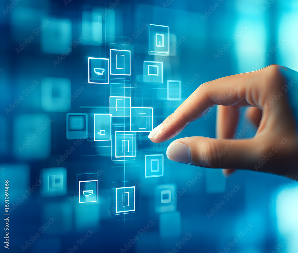 Poster hand interacts with glowing digital interface in futuristic setting, showcasing technology and conne