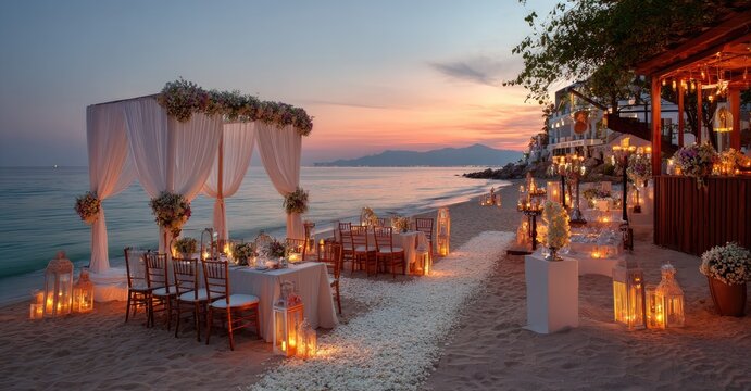 Beach wedding reception at sunset - Powered by Adobe