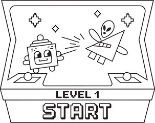 Arcade Game Machine Line Art Illustration with Robot and Alien for Gaming Design