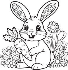 Cheerful Bunny with Carrot and Flowers Vector Illustration for Children's Designs