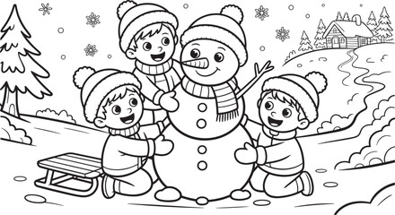 Children Building a Snowman Vector Illustration in Winter Scene Outline Style