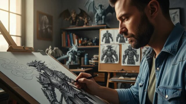 Artist's detailed drawing of a dragon in his studio creating fantasy art concept sketches in a