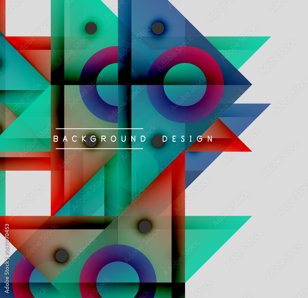 Poster abstract geometric shapes overlap. vibrant colors create modern design. circles, triangles, squares 