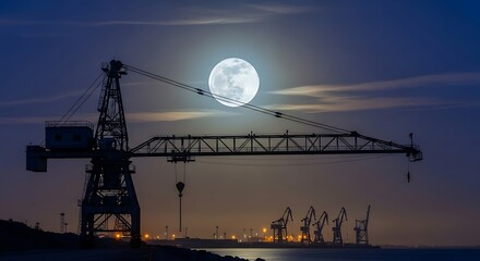 Moonlit Crane Silhouette Over Cityscape at Night.