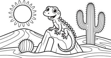 Cute Lizard on Rock in Desert Scene Outline Drawing with Cactus and Sun Illustration