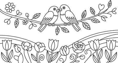 Delicate Floral Branch with Birds and Tulips Outline Drawing for Coloring Book Page Design