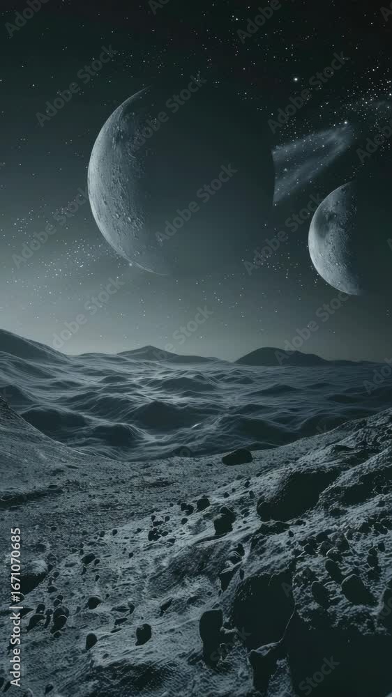 Poster a black and white of a planet with two moons. the moon is in the foreground and the other is in the 