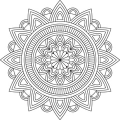 Detailed Circular Floral Design with Intricate Line Work for Coloring Books and Creative Projects