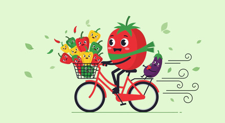 Cheerful Tomato Cycling With Peppers and Eggplant Delivering Fresh Produce, Funny Art.