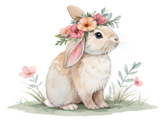Adorable watercolor bunny wearing a floral crown in a spring meadow