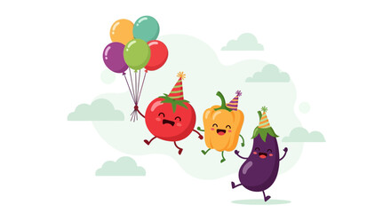 Fototapeta premium Cheerful Vegetables Celebrating Festive Gathering With Balloons and Party Hats