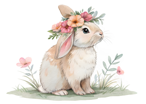 Adorable watercolor bunny wearing a floral crown in a spring meadow