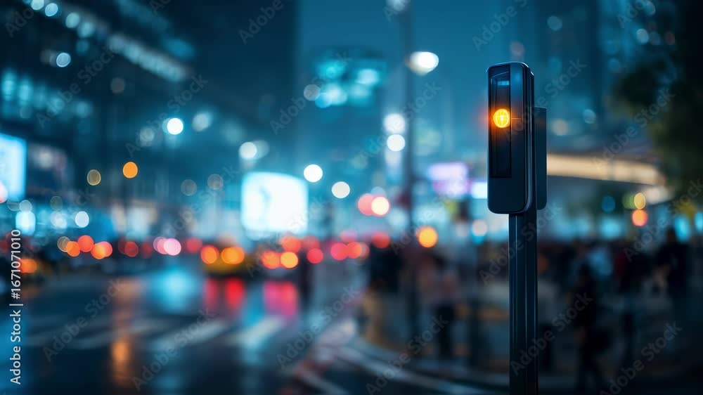 Poster focused on smart street sensor technology with glowing indicators at night surrounded by a blurred b