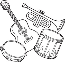Musical Instruments Guitar Trumpet Drum Tambourine Orchestra Band Concert Vector