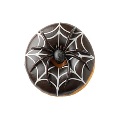 Halloween donut with spider web icing and spider decoration on transparent background for spooky festive treat