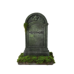 Halloween tombstone with NEVERMORE text on transparent background, featuring moss and aged stone for spooky and mysterious effect