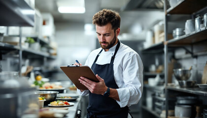 Chef in professional kitchen writing notes on clipboard