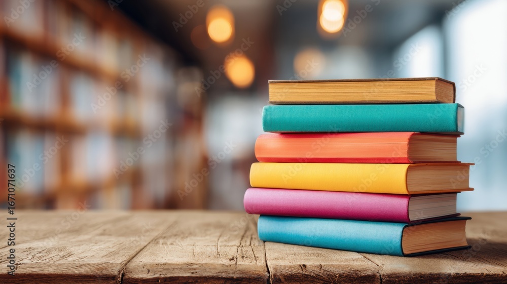 Poster stack of colorful books on wooden table in library with blurred background and warm lighting