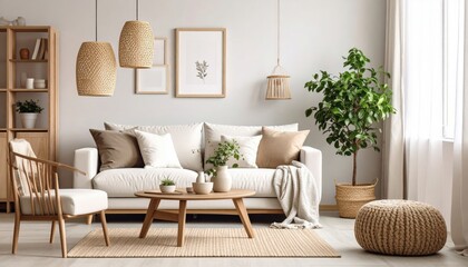 Tranquil Japandi Living Room with Wicker Pendants and Natural Decor.