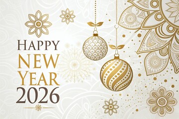 Elegant golden happy new year 2026 celebration with ornaments