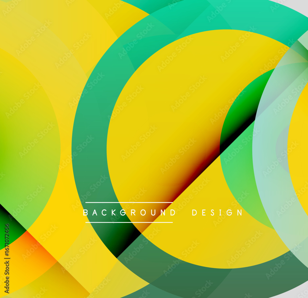 Poster abstract geometric shapes overlap, creating vibrant yellow, green gradients. modern design elements 