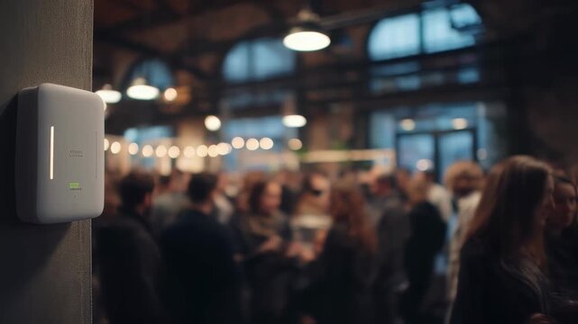 Medium shot capturing the ecofoam earplug dispensers interactive screen reading ambient noise levels the device in sharp focus while the busy venue behind is artistically out of