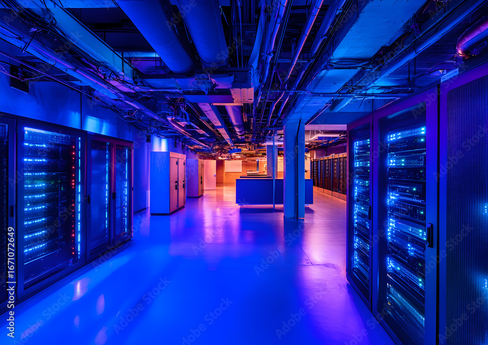 Poster server room glowing with blue light shows rows of computer racks and network equipment in a data cen